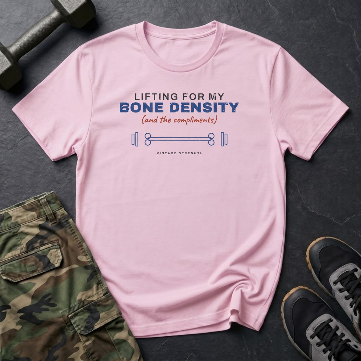 Lifting for My Bone Density (and the Compliments) T-Shirt in Light Pink
