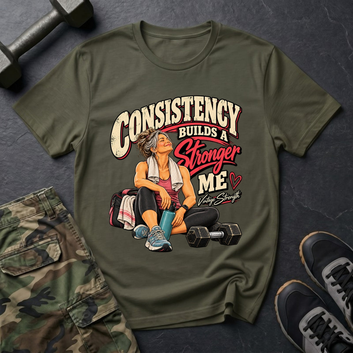 Consistency Builds a Stronger Me - Gym T-Shirt in Military Green