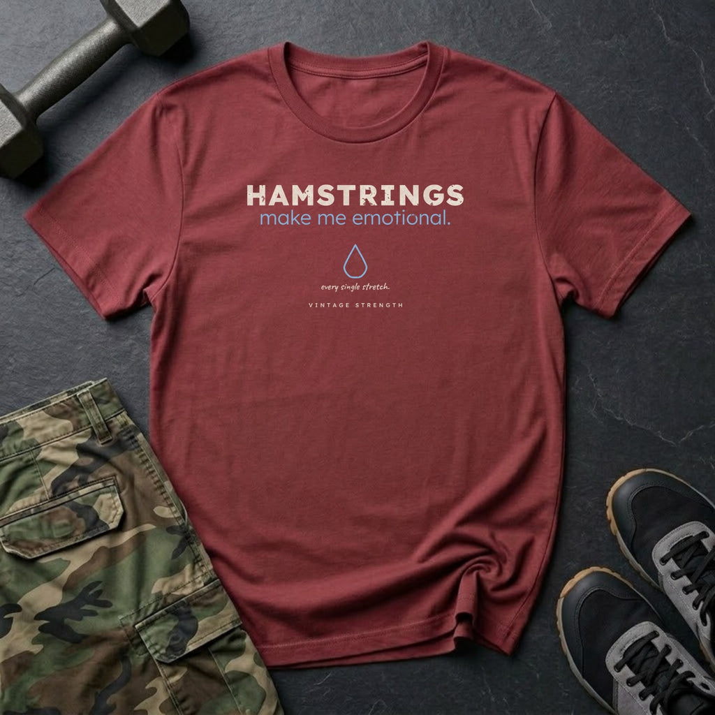 Hamstrings Make Me Emotional T-Shirt in Heather Cardinal