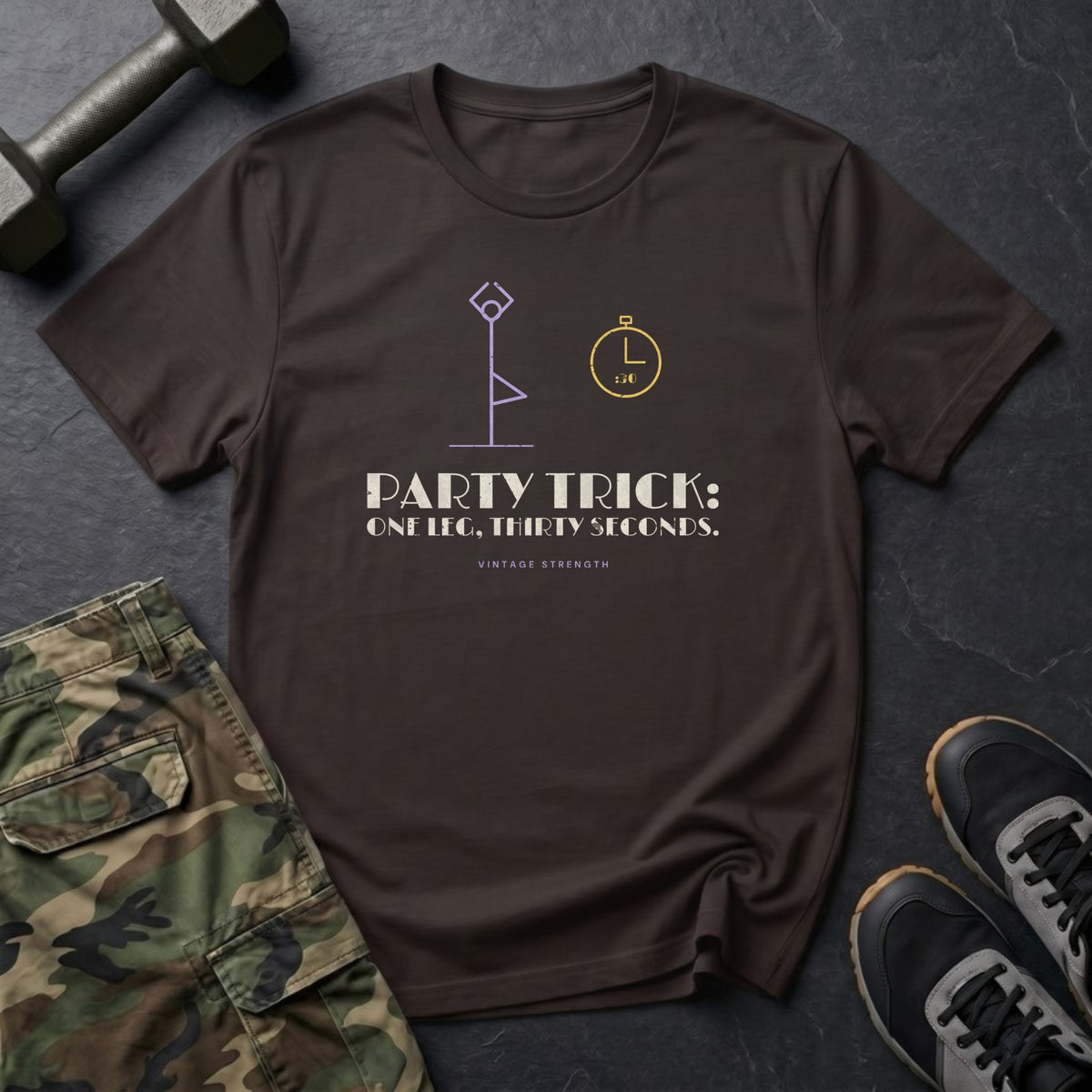 Party Trick: One Leg, Thirty Seconds T-Shirt in Dark Chocolate