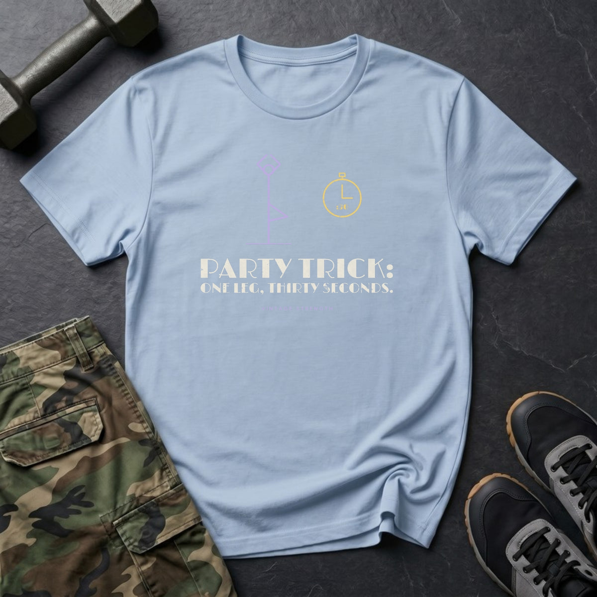 Party Trick: One Leg, Thirty Seconds T-Shirt in Heather Navy