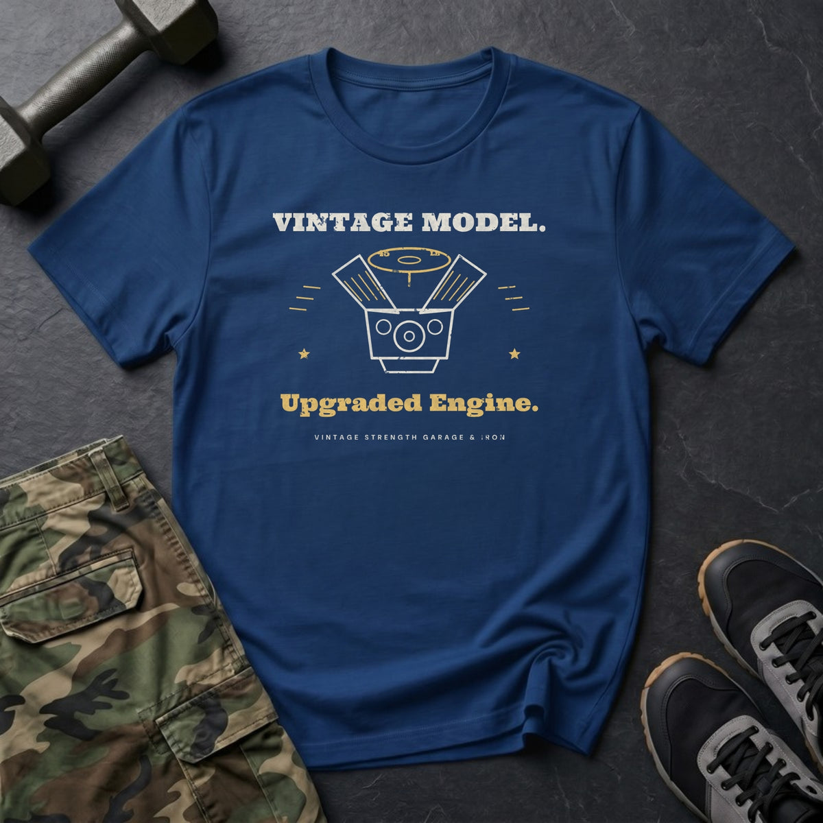 Vintage Model. Upgraded Engine. T-Shirt in Heather Navy