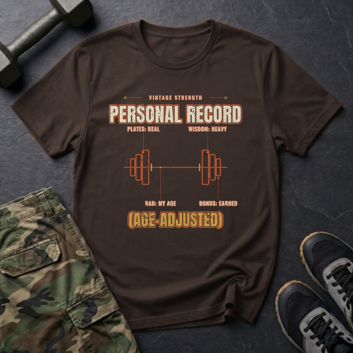Personal Record (Age-Adjusted) T-Shirt in Dark Chocolate