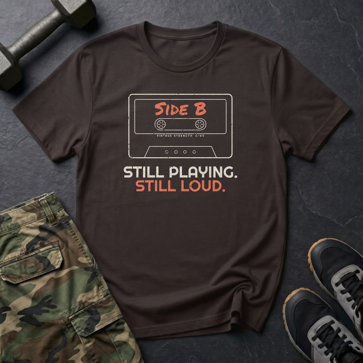 Side B: Still Playing. Still Loud. T-Shirt in Dark Chocolate