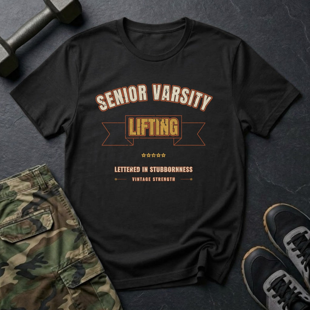 Senior Varsity Lifting: Lettered in Stubbornness T-Shirt in Black
