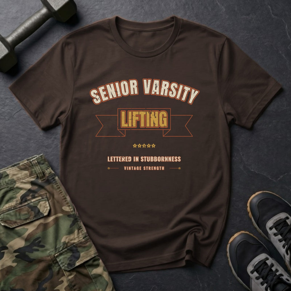 Senior Varsity Lifting: Lettered in Stubbornness T-Shirt in Dark Chocolate