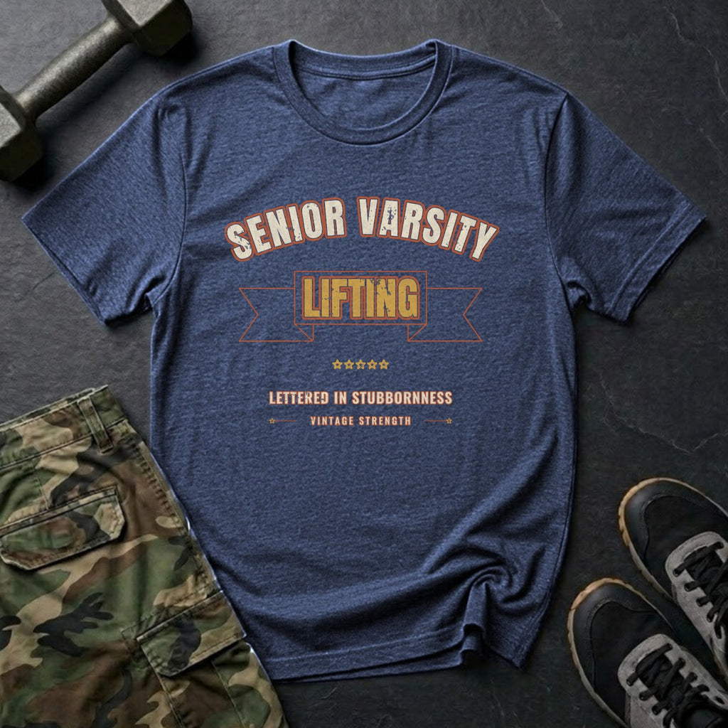 Senior Varsity Lifting: Lettered in Stubbornness T-Shirt in Heather Navy