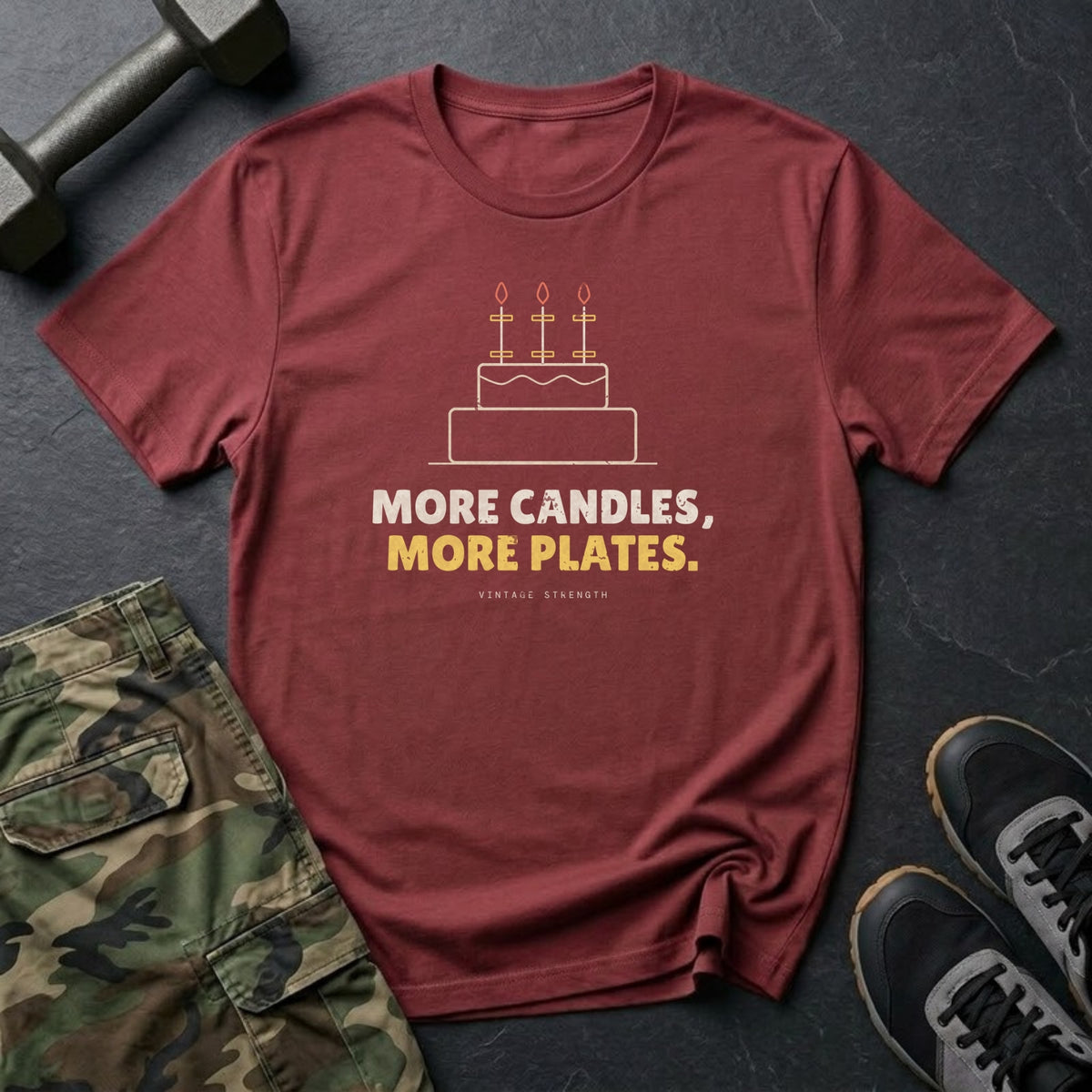More Candles, More Plates T-Shirt in Heather Cardinal