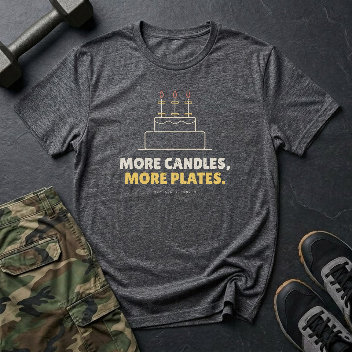 More Candles, More Plates T-Shirt in Charcoal