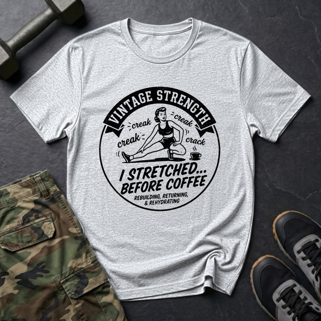 I Stretched Before Coffee - Retro Mobility T-Shirt in Ice Grey