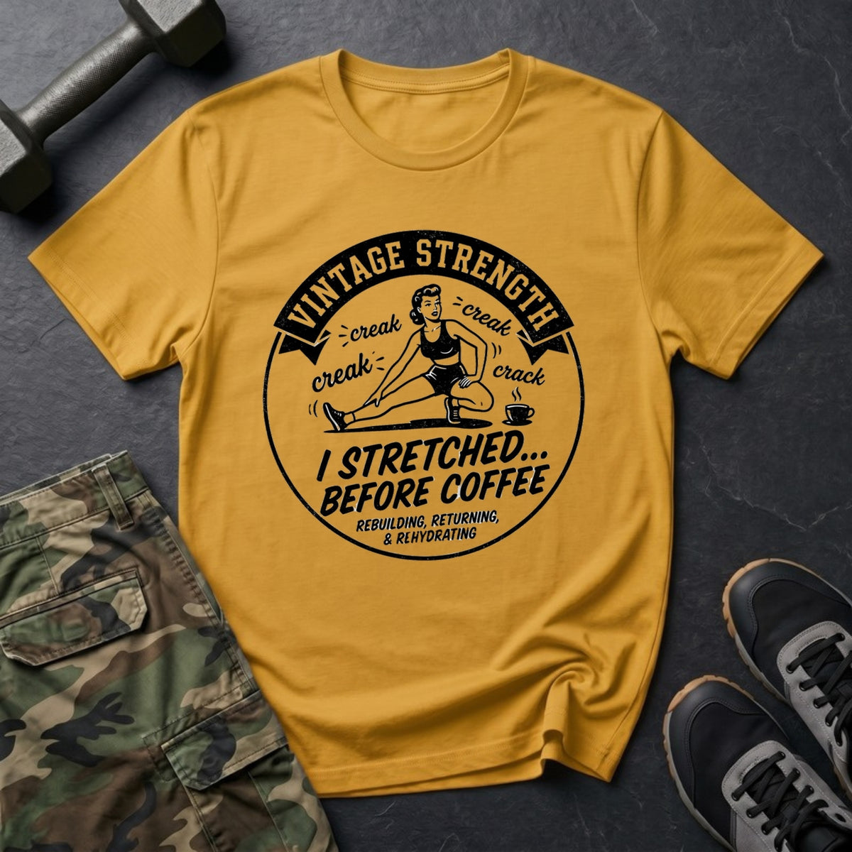 I Stretched Before Coffee - Retro Mobility T-Shirt in Gold