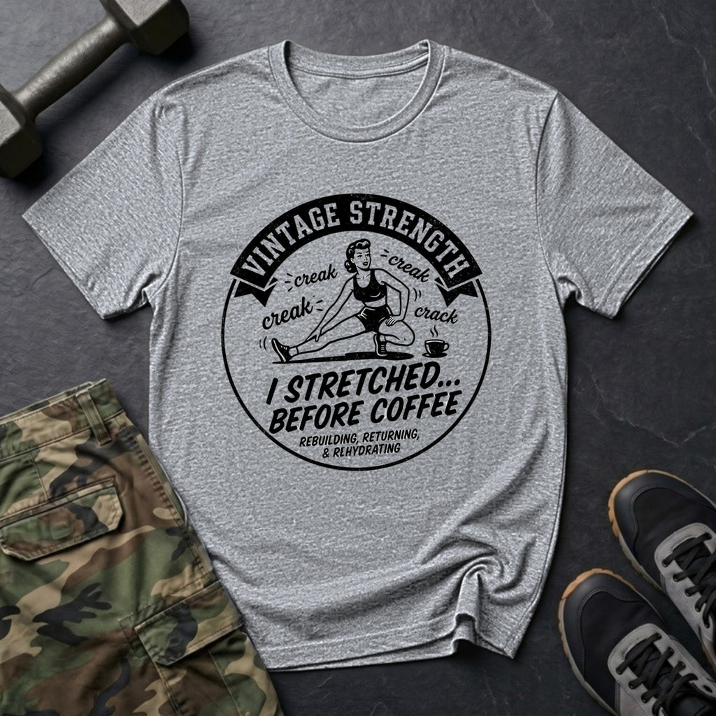 I Stretched Before Coffee - Retro Mobility T-Shirt in Sport Grey