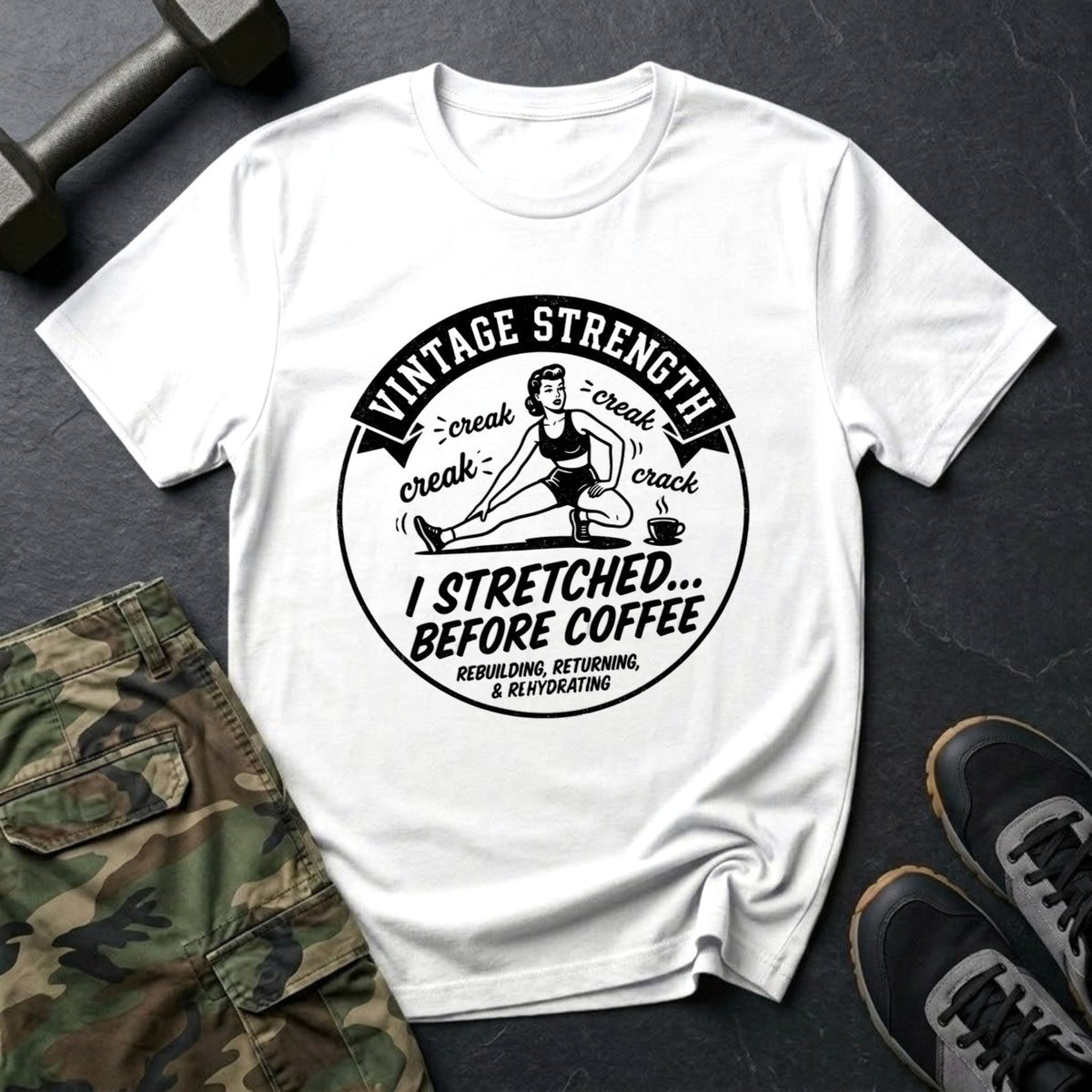 I Stretched Before Coffee - Retro Mobility T-Shirt in White