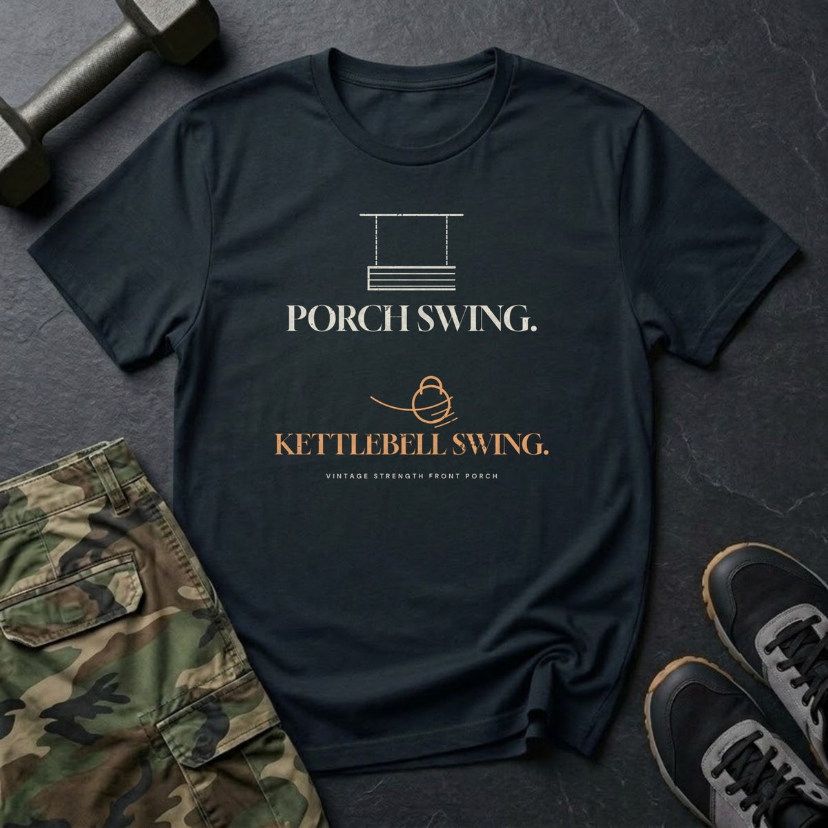 Porch Swing. Kettlebell Swing. T-Shirt in Black