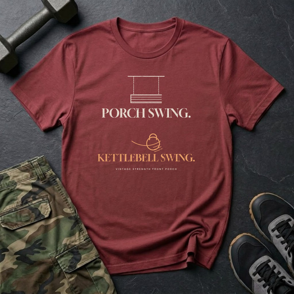 Porch Swing. Kettlebell Swing. T-Shirt in Heather Cardinal