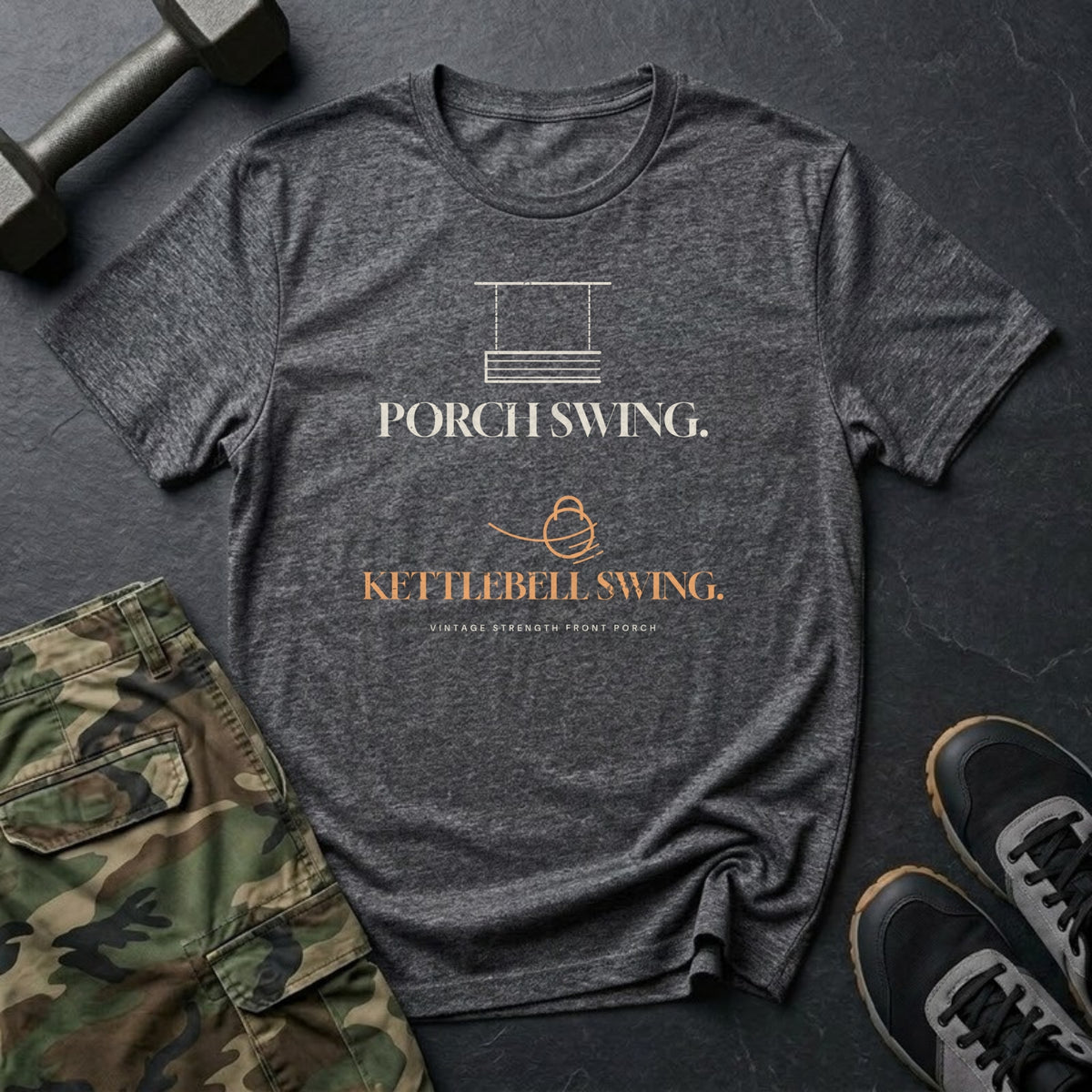 Porch Swing. Kettlebell Swing. T-Shirt in Dark Heather