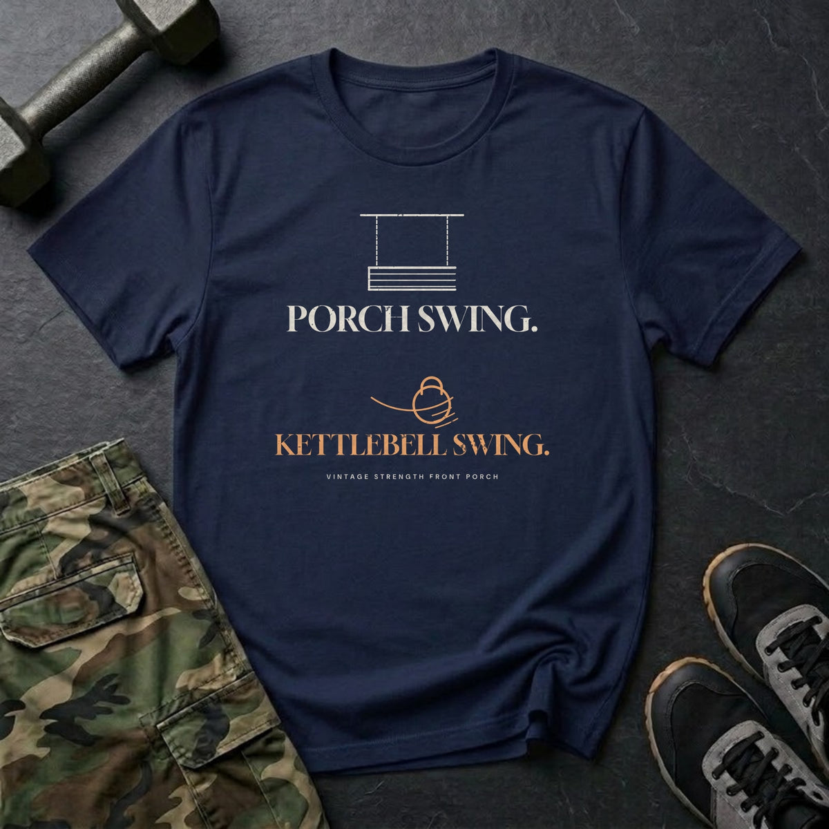 Porch Swing. Kettlebell Swing. T-Shirt in Navy