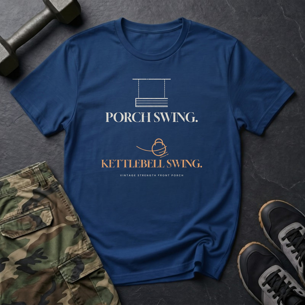 Porch Swing. Kettlebell Swing. T-Shirt in Heather Navy