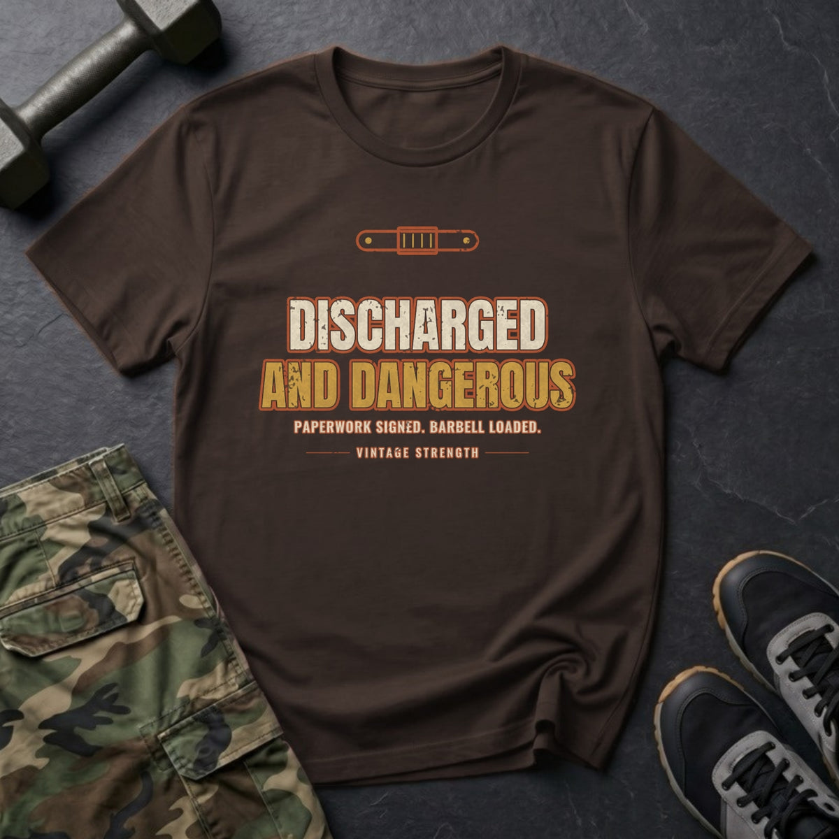 Discharged and Dangerous T-Shirt in Dark Chocolate