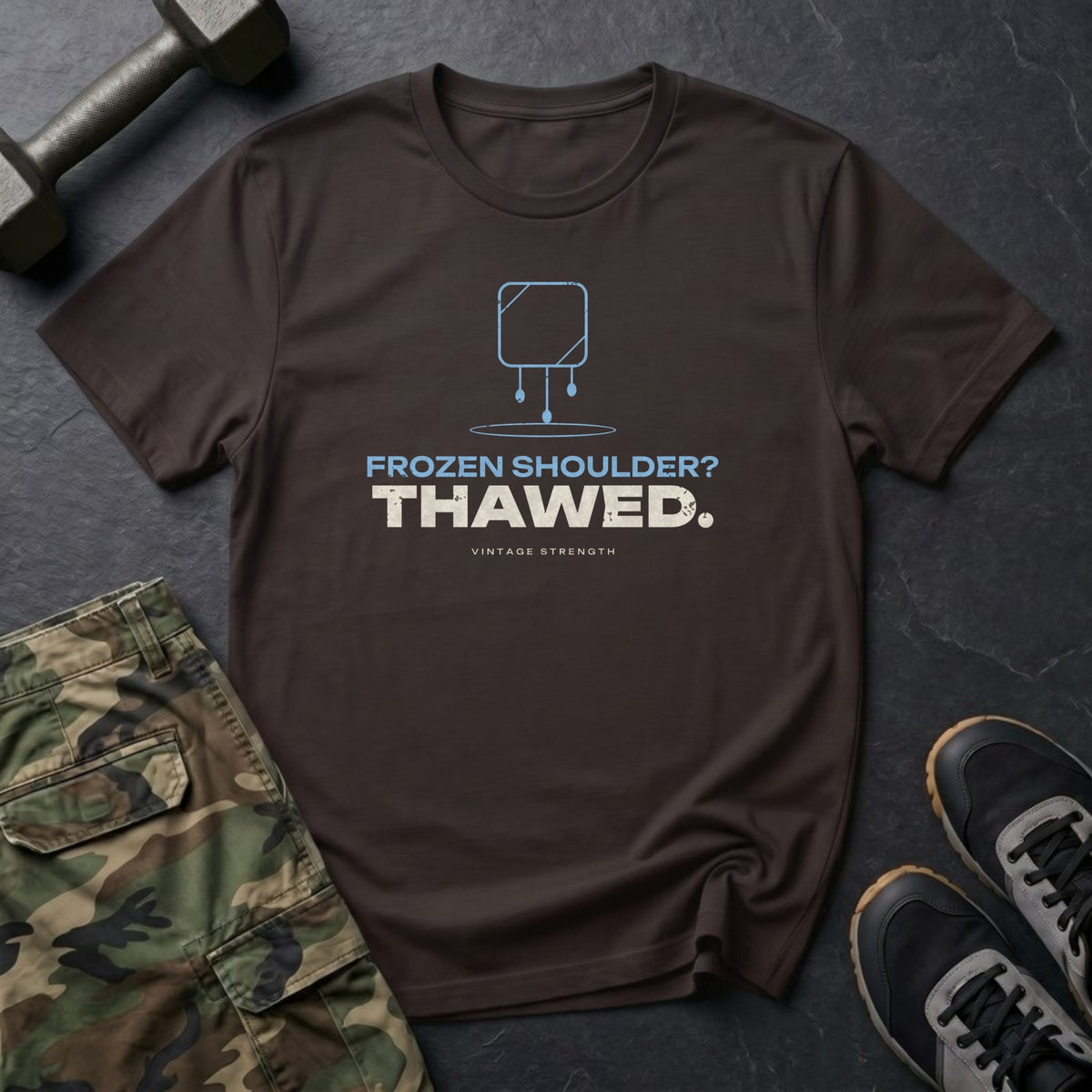 Frozen Shoulder? Thawed. T-Shirt in Dark Chocolate