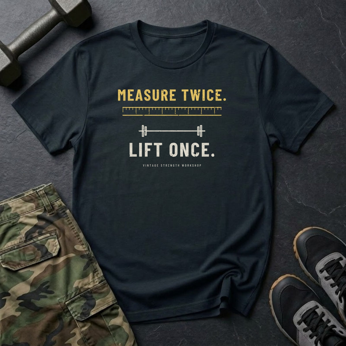 Measure Twice. Lift Once. T-Shirt in Black