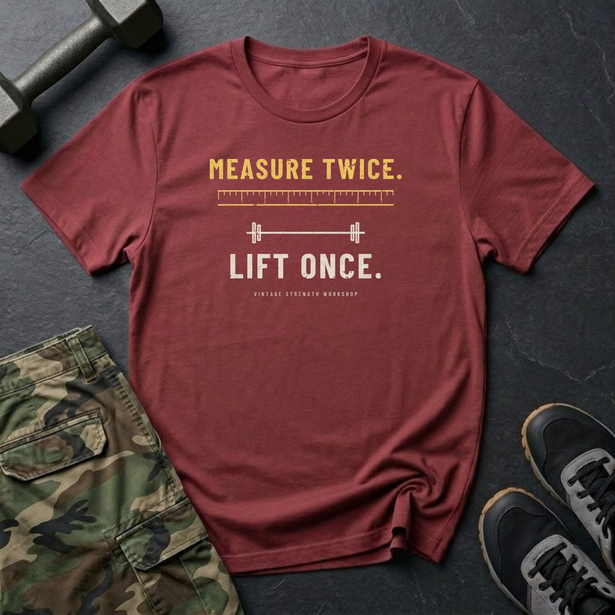 Measure Twice. Lift Once. T-Shirt in Heather Cardinal