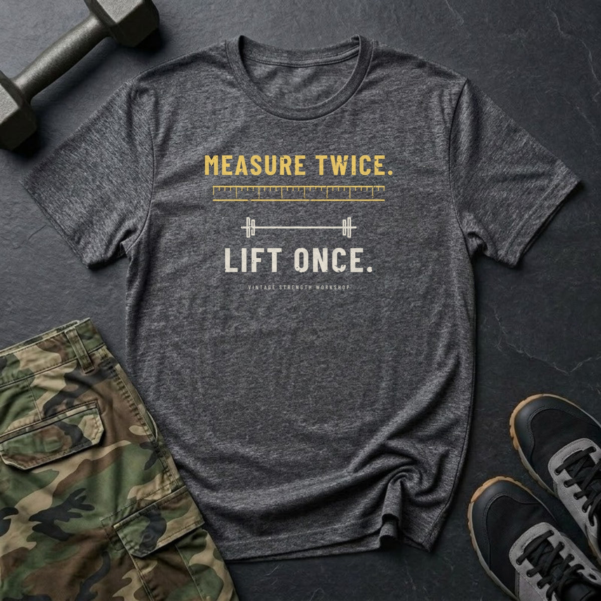 Measure Twice. Lift Once. T-Shirt in Dark Heather