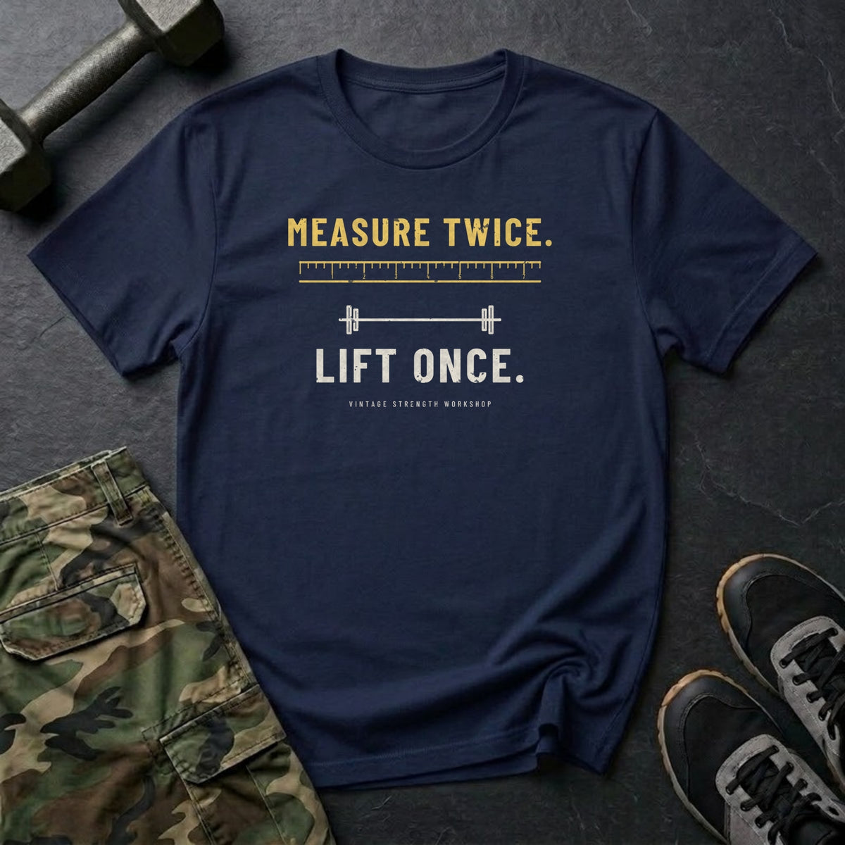 Measure Twice. Lift Once. T-Shirt in Navy