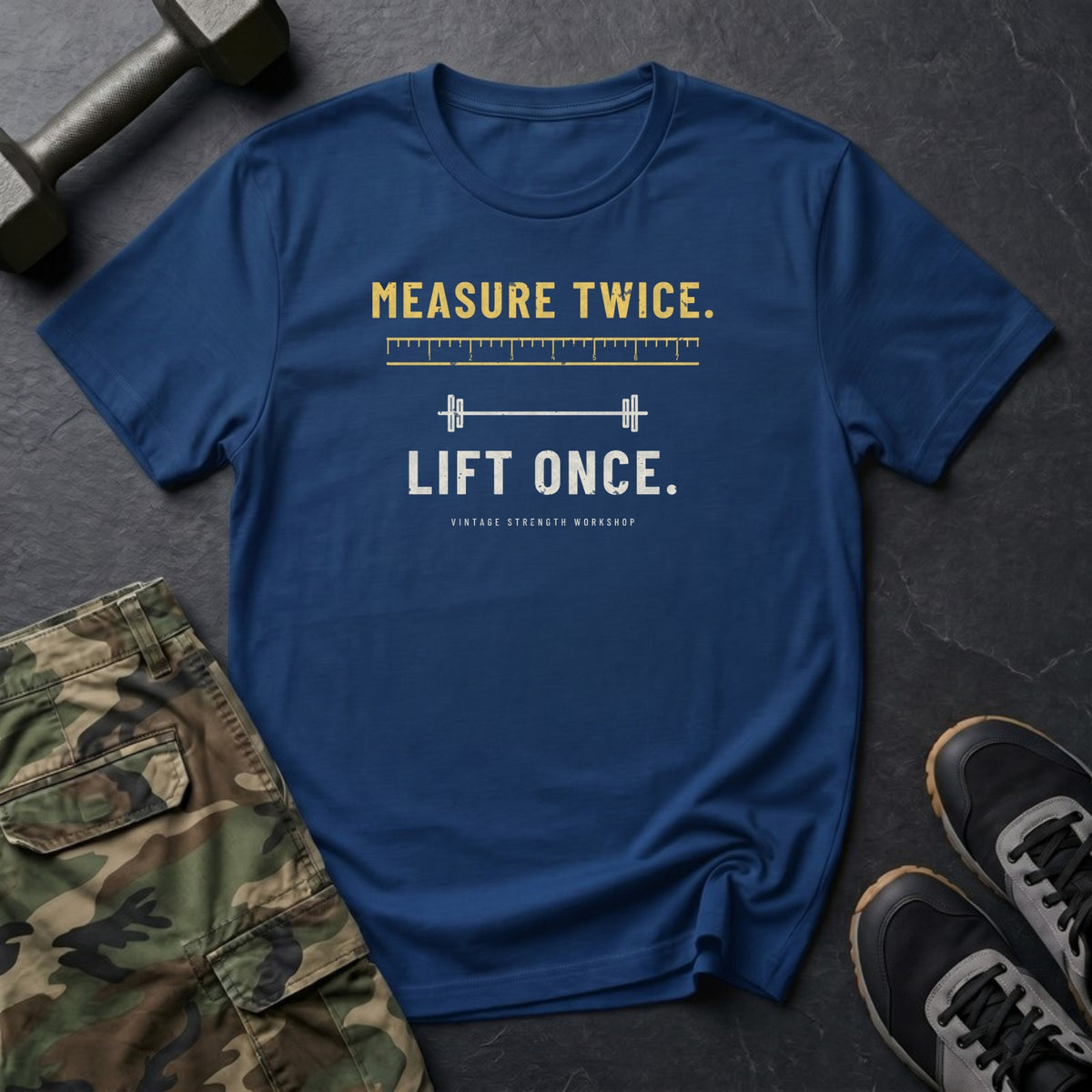 Measure Twice. Lift Once. T-Shirt in Heather Navy