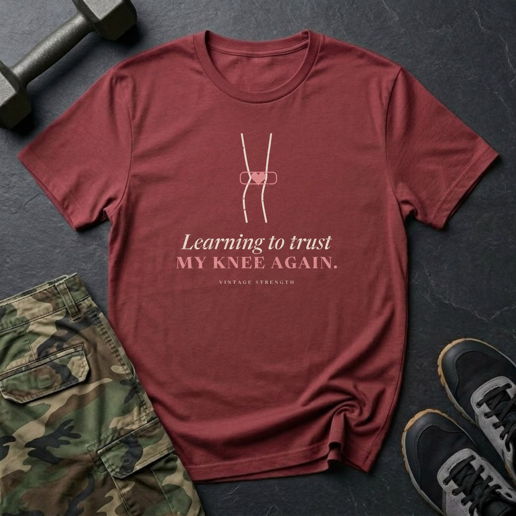 Learning to Trust My Knee Again T-Shirt in Heather Cardinal