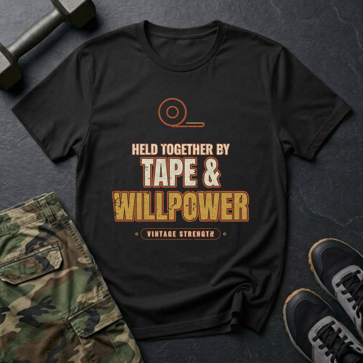 Held Together by Tape and Willpower T-Shirt in Black