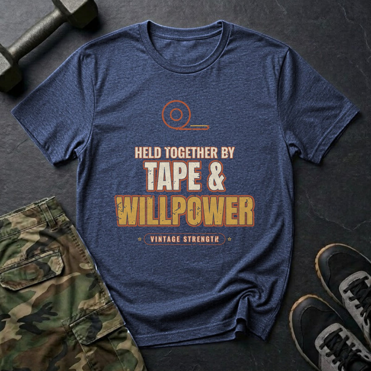 Held Together by Tape and Willpower T-Shirt in Heather Navy