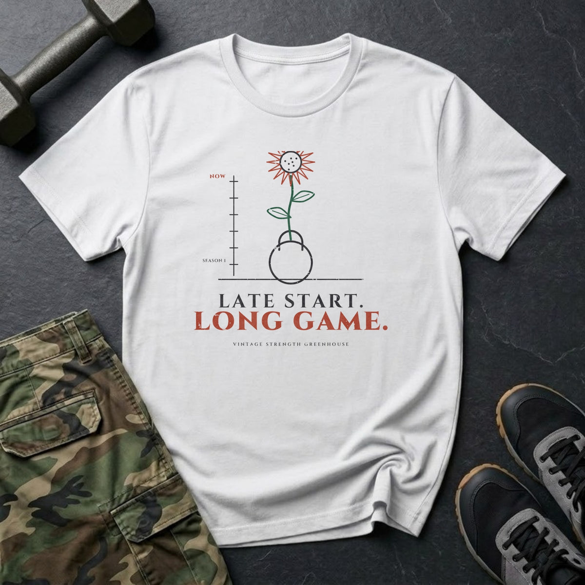 Late Start. Long Game. T-Shirt in White