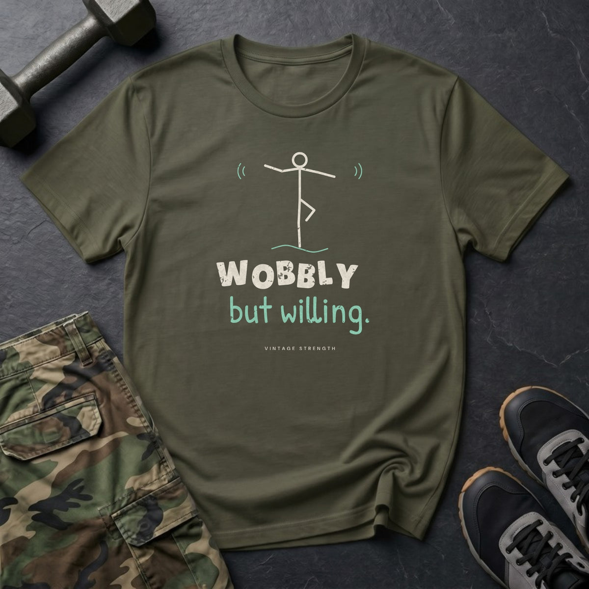 Wobbly but Willing T-Shirt in Military Green