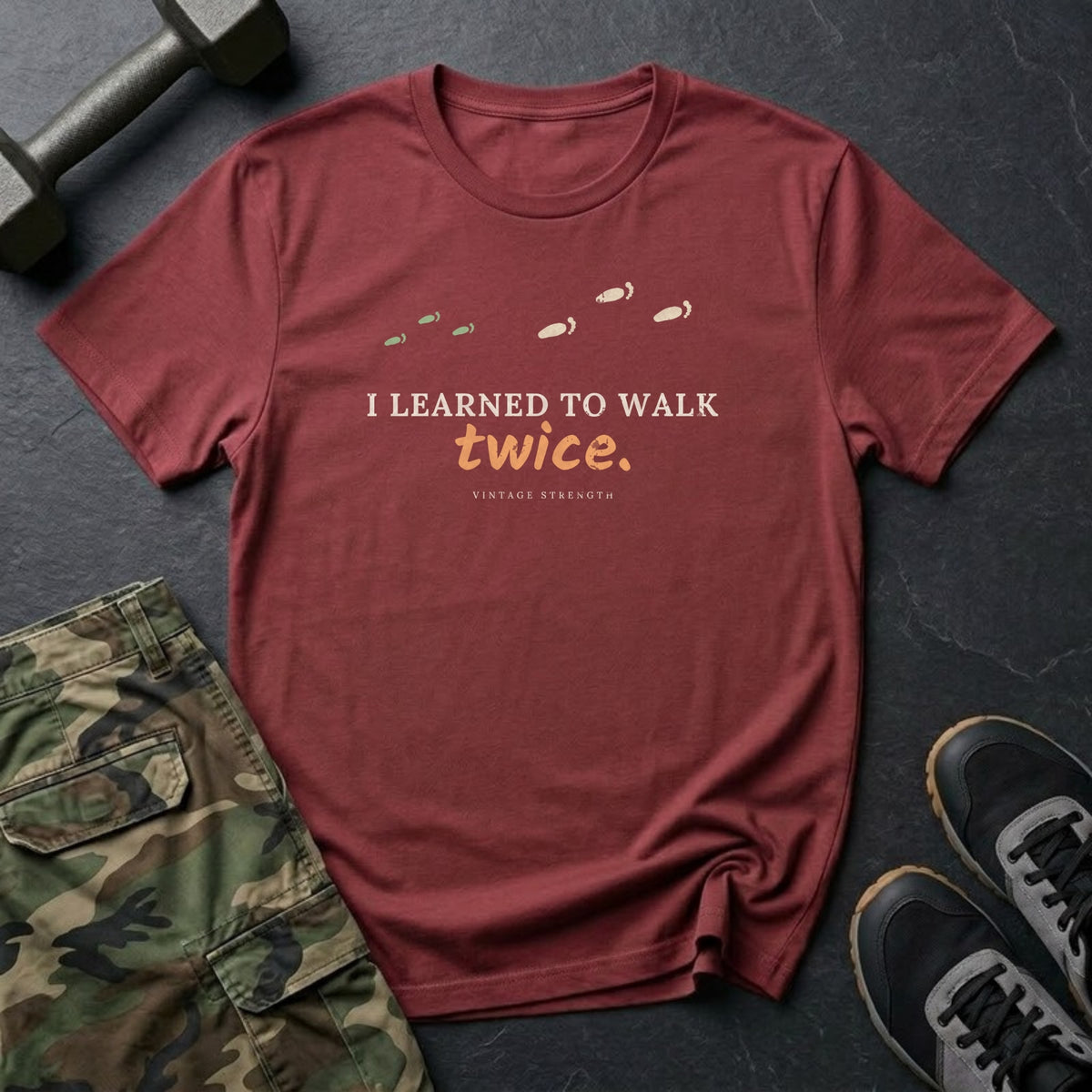 I Learned to Walk Twice T-Shirt in Heather Cardinal