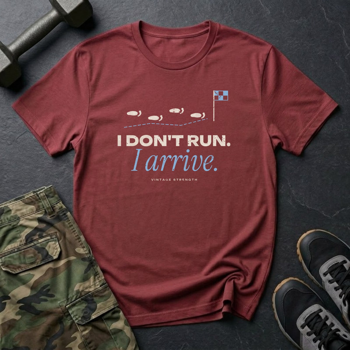 I Don't Run. I Arrive. T-Shirt in Heather Cardinal
