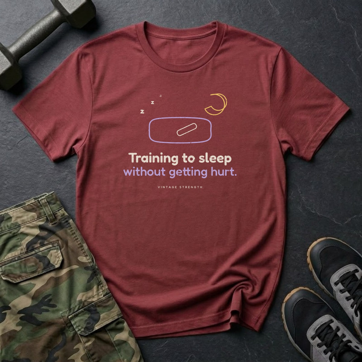 Training to Sleep Without Getting Hurt T-Shirt in Heather Cardinal