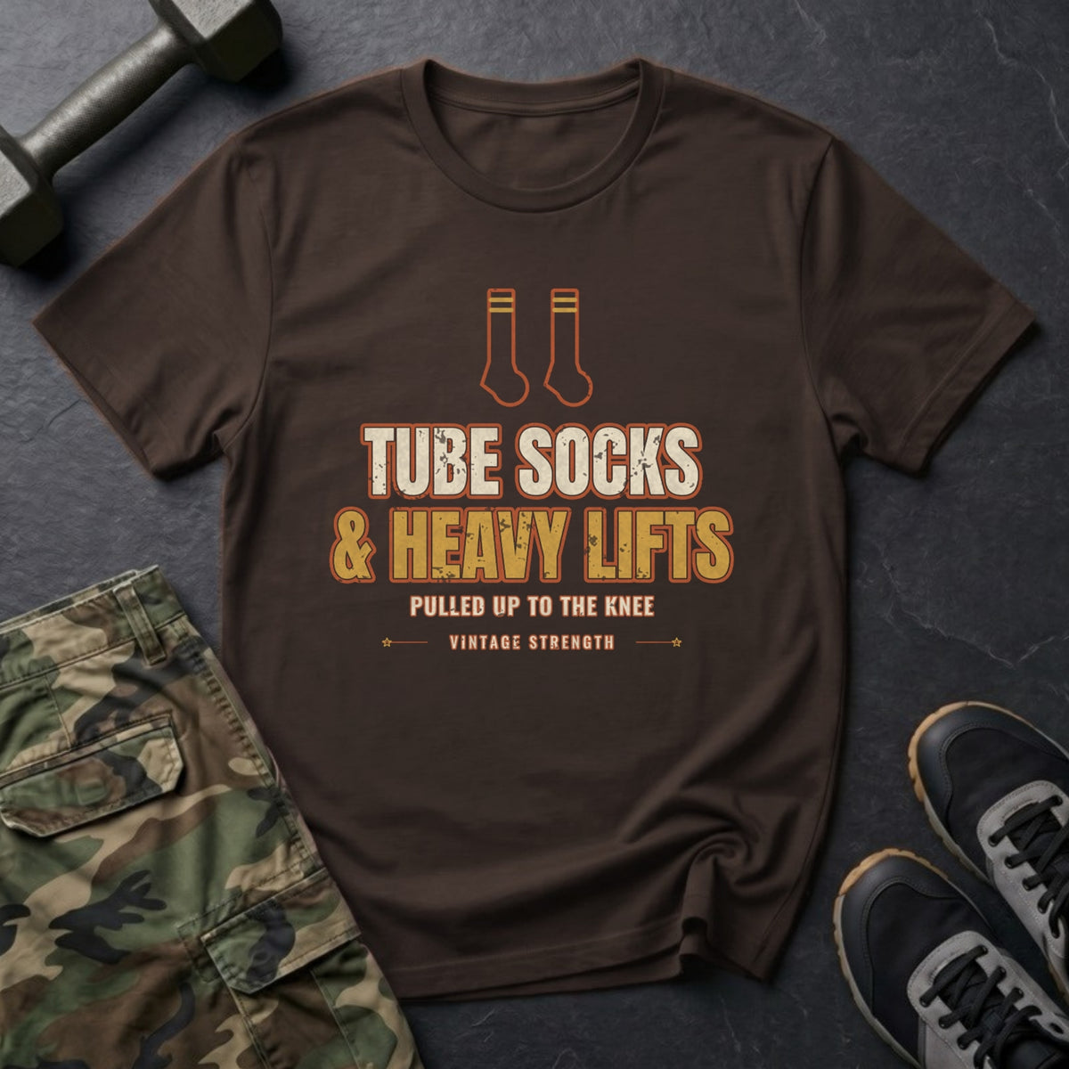 Tube Socks and Heavy Lifts T-Shirt in Dark Chocolate