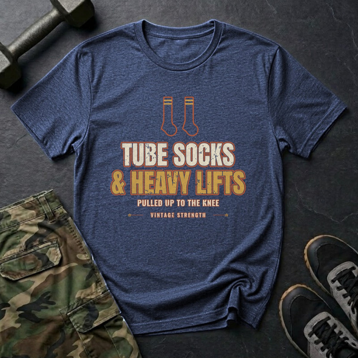 Tube Socks and Heavy Lifts T-Shirt in Heather Navy