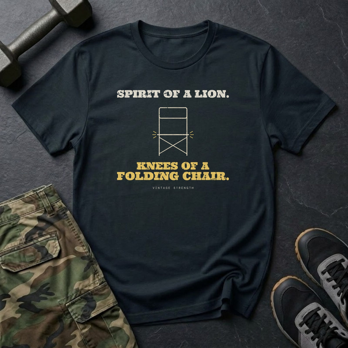 Spirit of a Lion. Knees of a Folding Chair. T-Shirt in Black