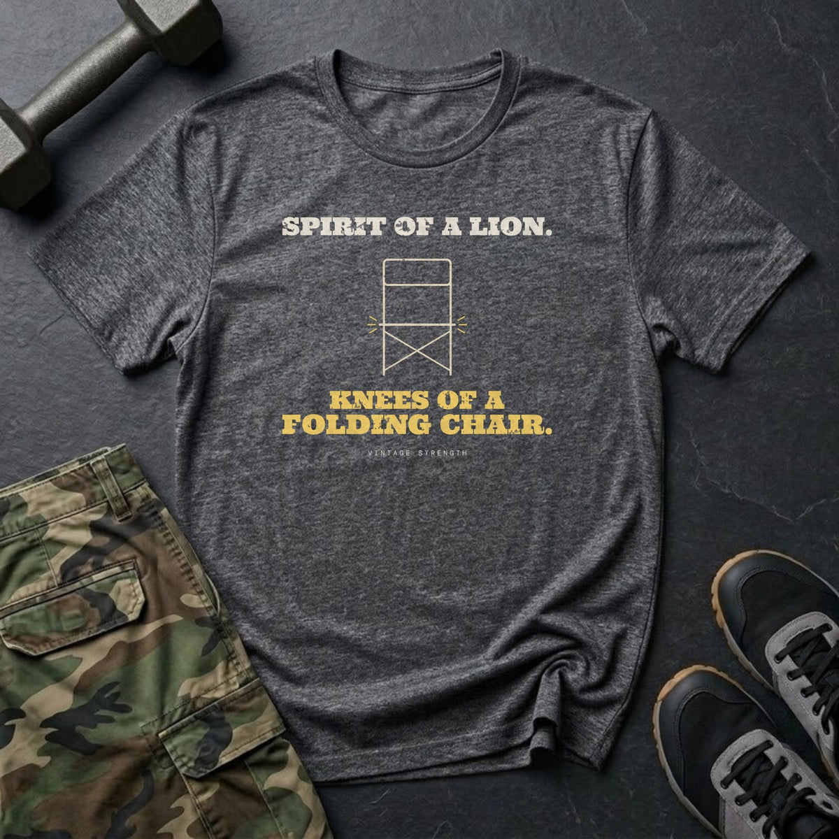 Spirit of a Lion. Knees of a Folding Chair. T-Shirt in Charcoal