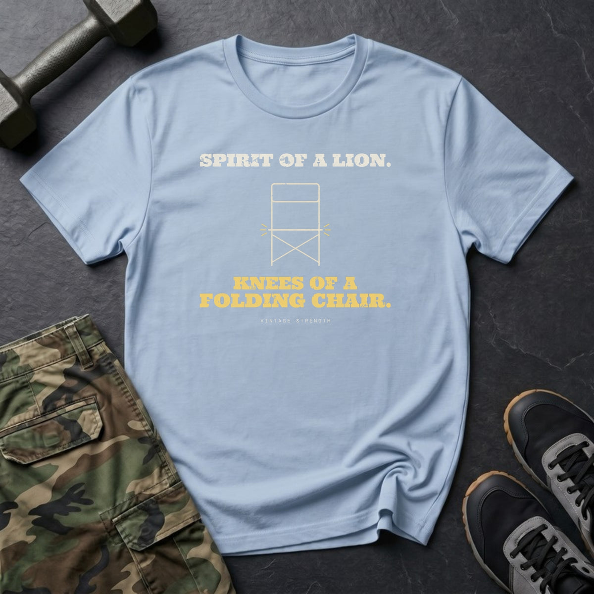 Spirit of a Lion. Knees of a Folding Chair. T-Shirt in Heather Navy