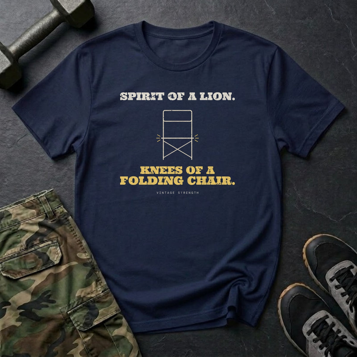 Spirit of a Lion. Knees of a Folding Chair. T-Shirt in Navy