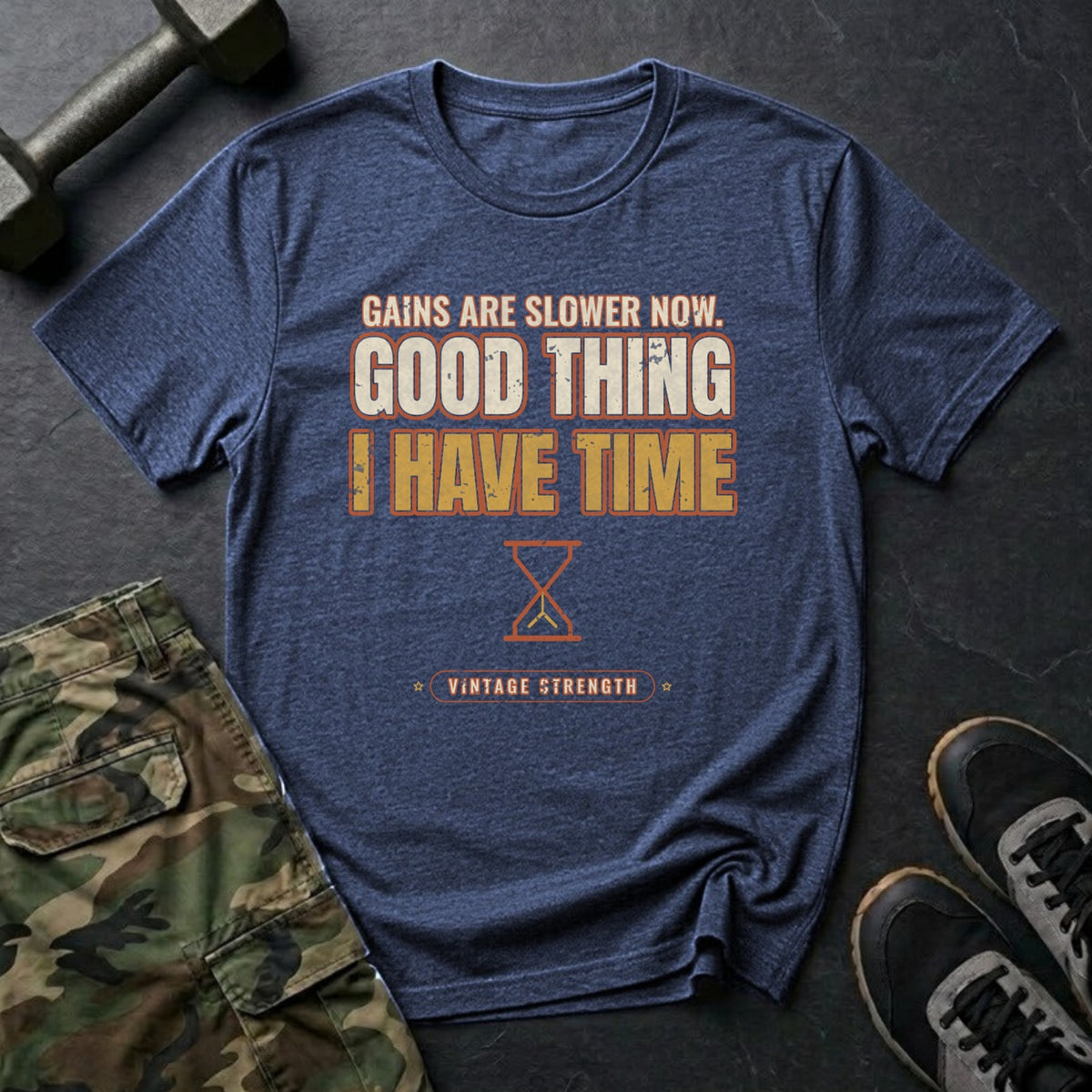 Gains Are Slower Now. Good Thing I Have Time. T-Shirt in Heather Navy