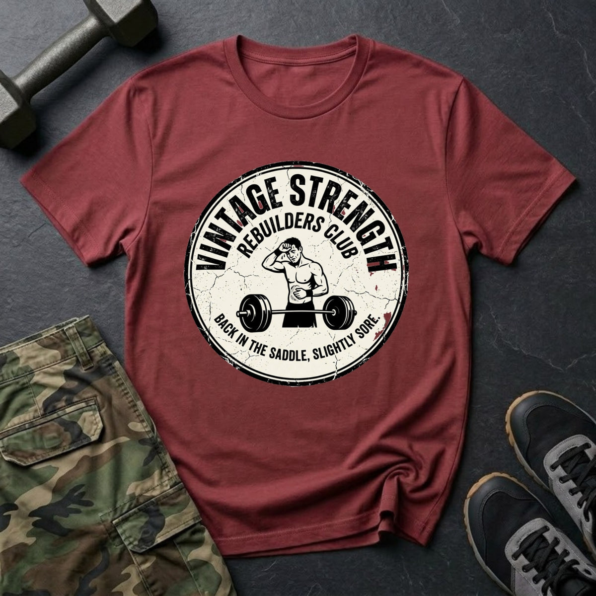 Rebuilders Club: Back in the Saddle, Slightly Sore T-Shirt in Heather Cardinal