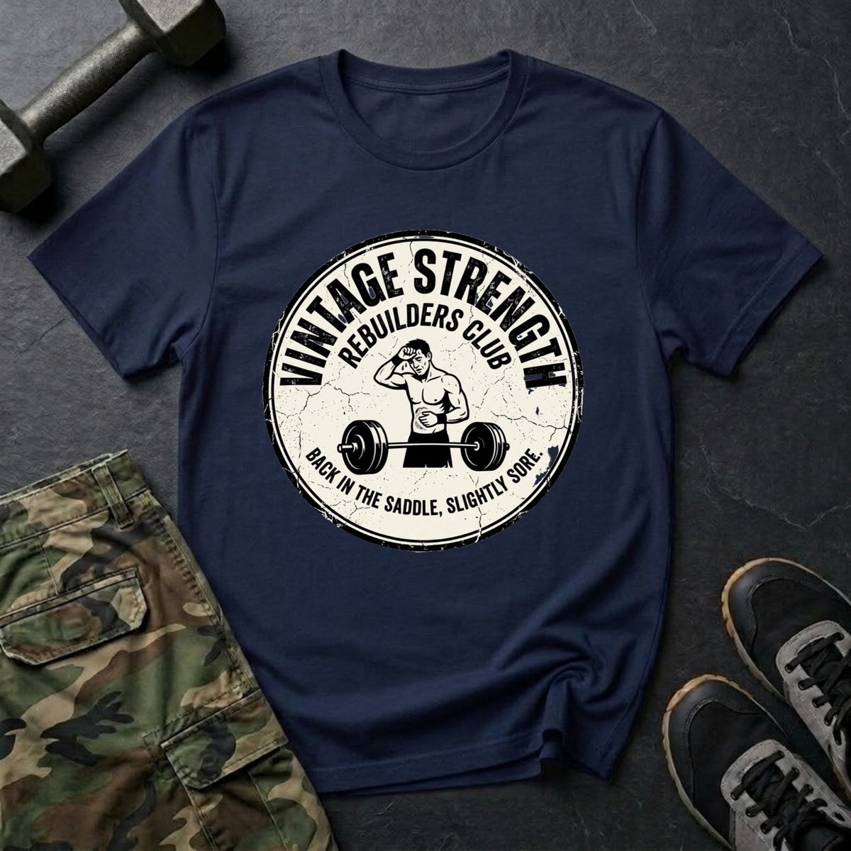 Rebuilders Club: Back in the Saddle, Slightly Sore T-Shirt in Navy