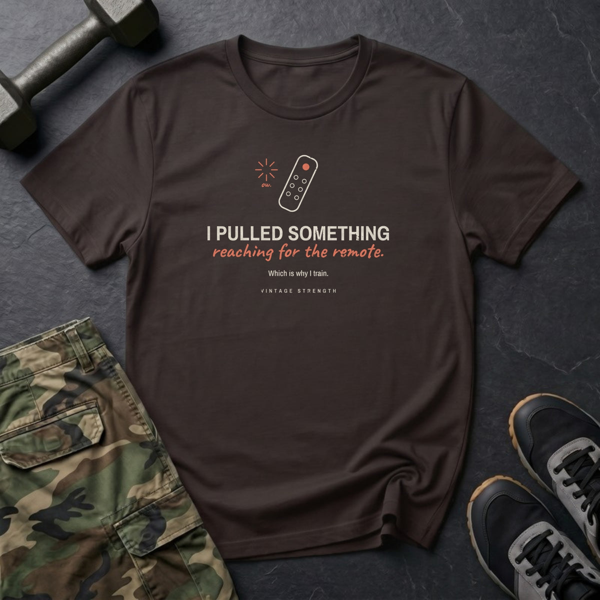 I Pulled Something Reaching for the Remote T-Shirt in Dark Chocolate