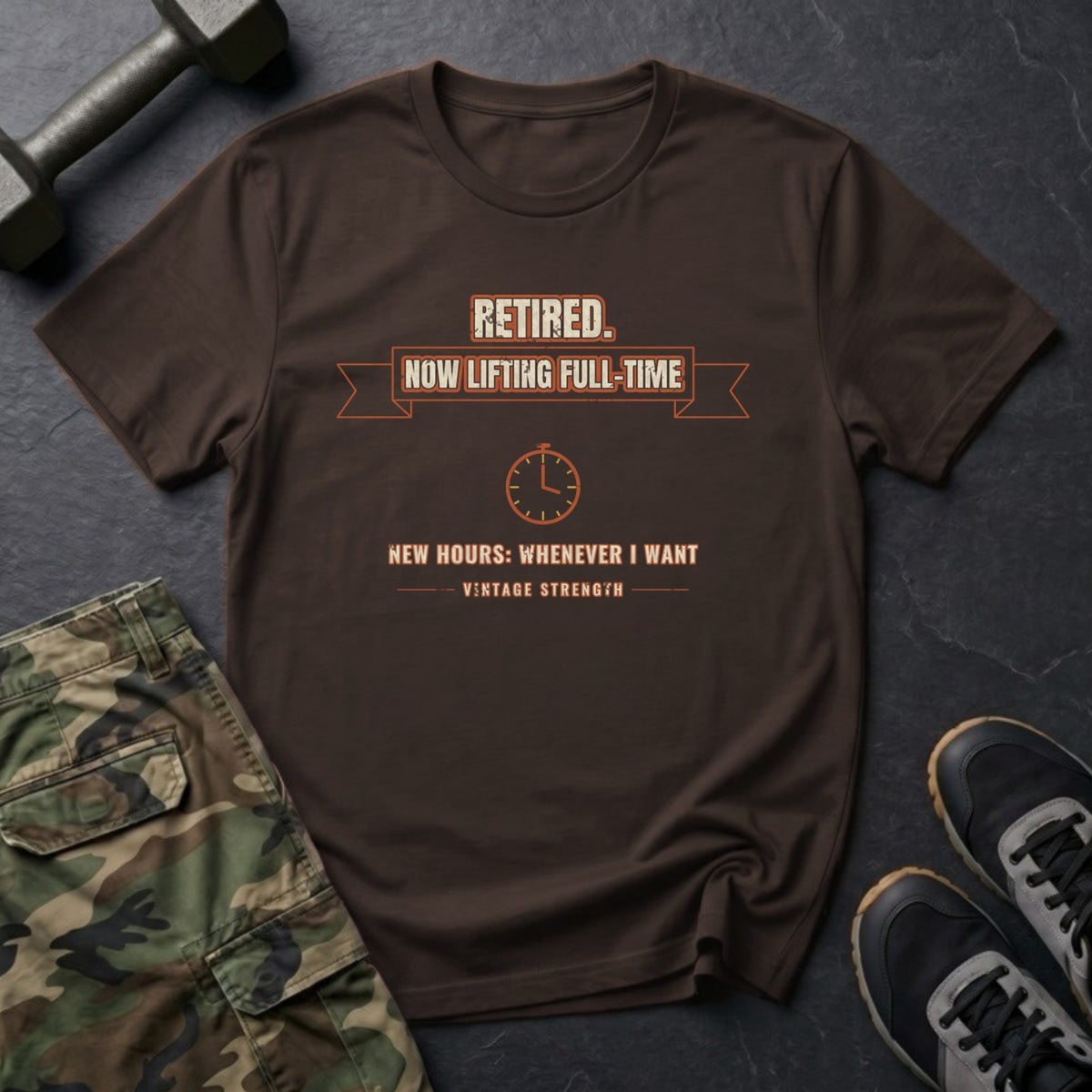 Retired. Now Lifting Full-Time. T-Shirt in Dark Chocolate
