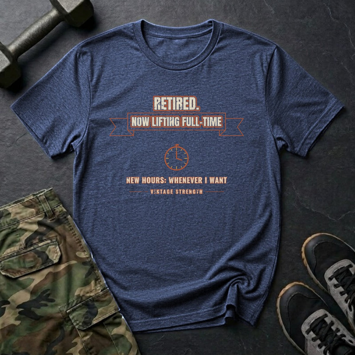 Retired. Now Lifting Full-Time. T-Shirt in Heather Navy
