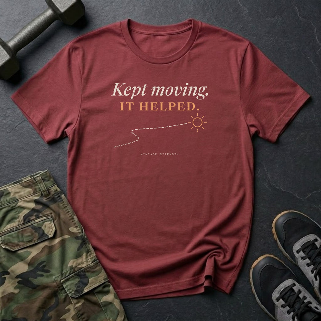 Kept Moving. It Helped. T-Shirt in Heather Cardinal